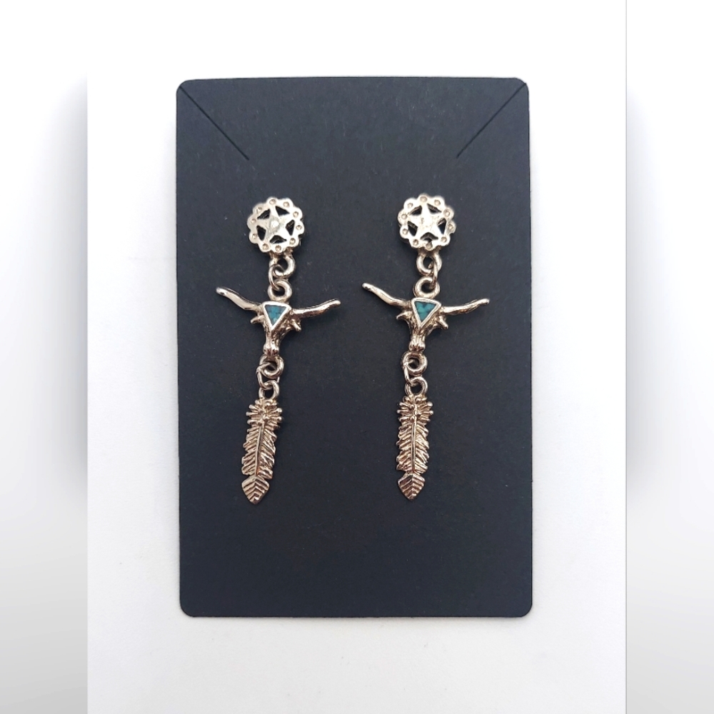 Artist signed Ege93 Turquoise Steer and Feather Earrings